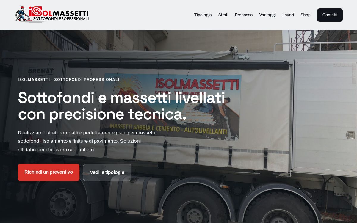 Anteprima della homepage di IsolMassetti, specialista in massetti e sottofondi professionali
